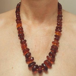 Amber Large Bead 18K Gold Clasp Graduated Statement Necklace Vintage 24" 60g